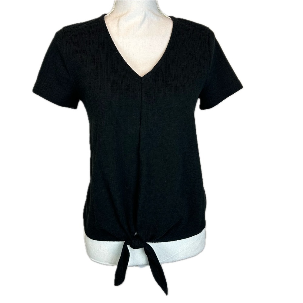 J. Crew Textured V-Neck Tie-Front Top Womens Sz Small Black Short Sleeve